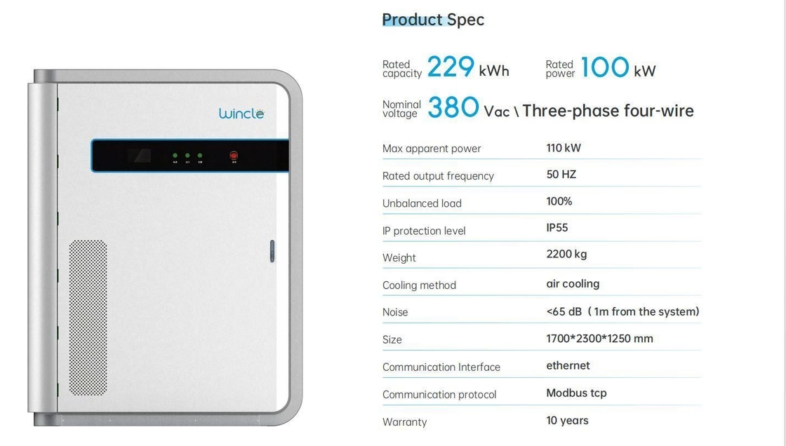 Sistema de almacenamiento de energía comercial de 229 Kwh 380V 100kw con caja de batería LFP